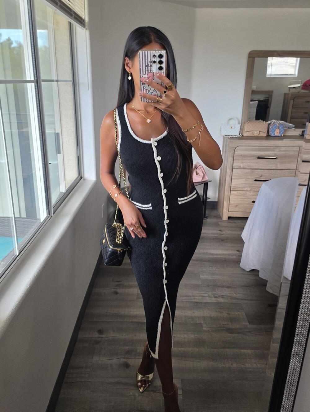 Black Knit Midi Dress with White Trim Stretchy Active Usa Winter Or Summer
